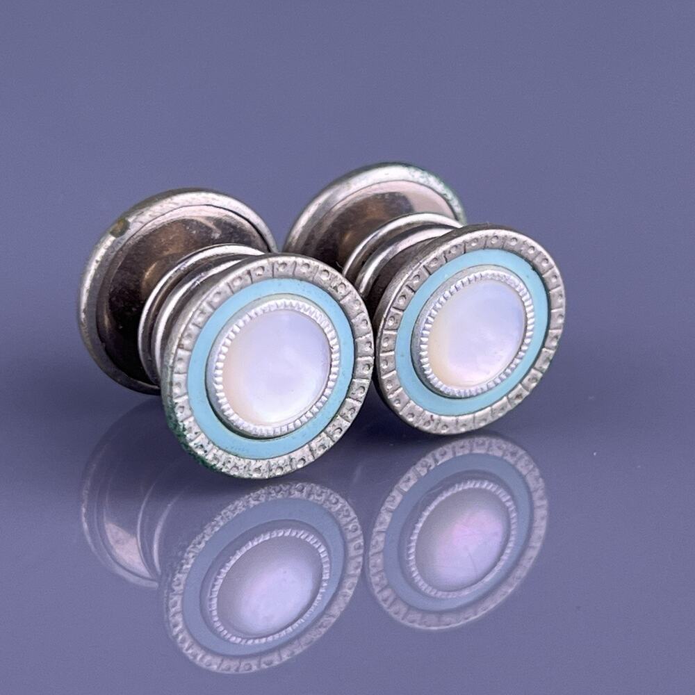 Celadon Blue Mother Pearl Cufflinks Snap Link Button Round Double Side Vintage